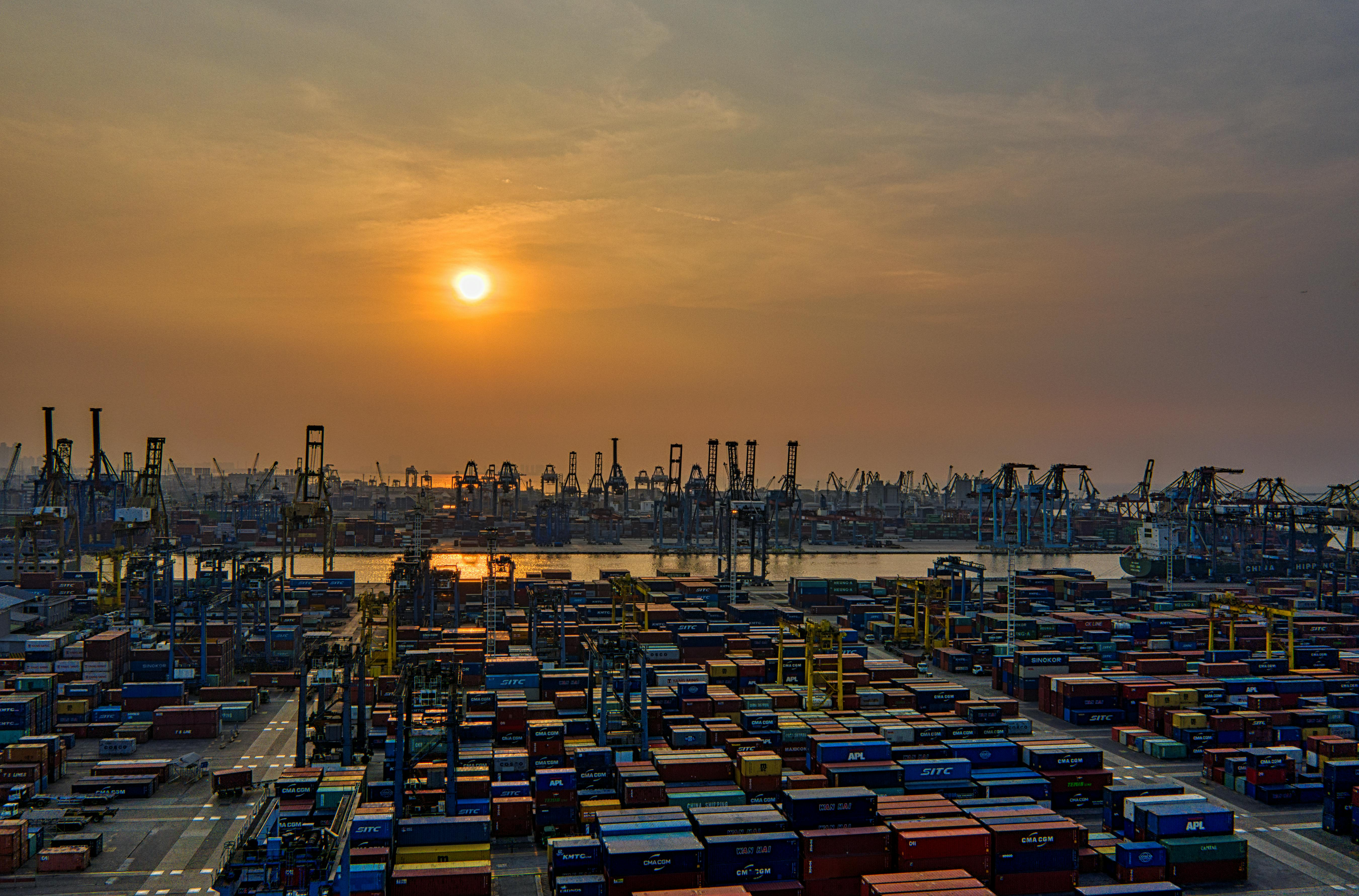 Container port at sunset
